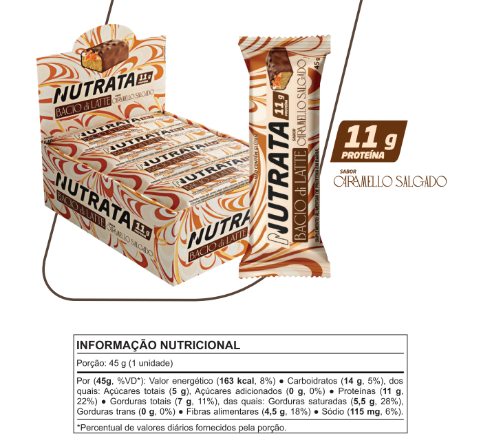 BARRA PROTEICA BACIO DI LATTE CARAMELO SALGADO CAIXA C/ 12UN 45G - NUTRATA